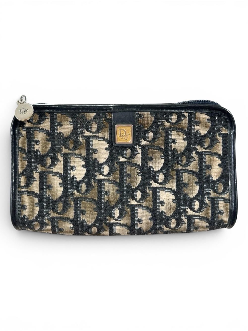 Dior Trotter Navy Blue Leather & Beige Tan Canvas Vintage Clutch Mini Pouch